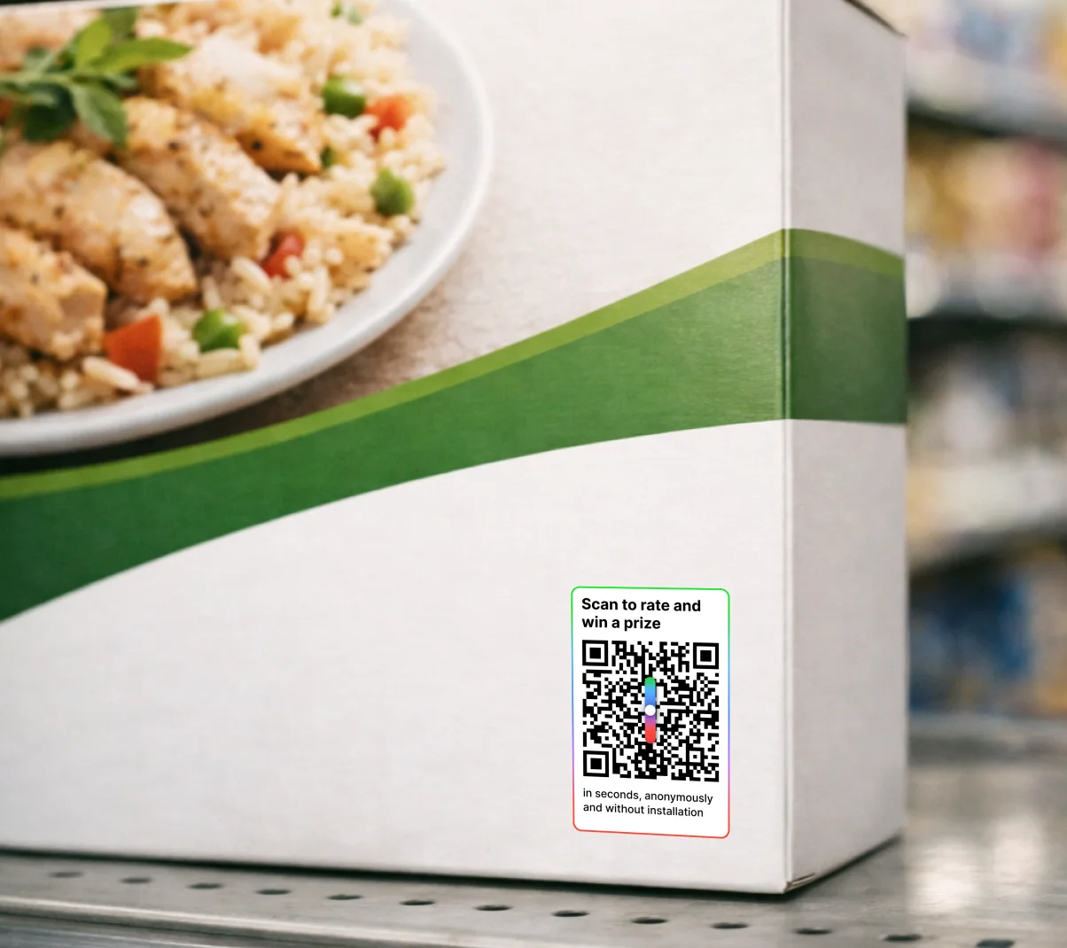 Product packaging with QR code for consumer feedback on a store shelf