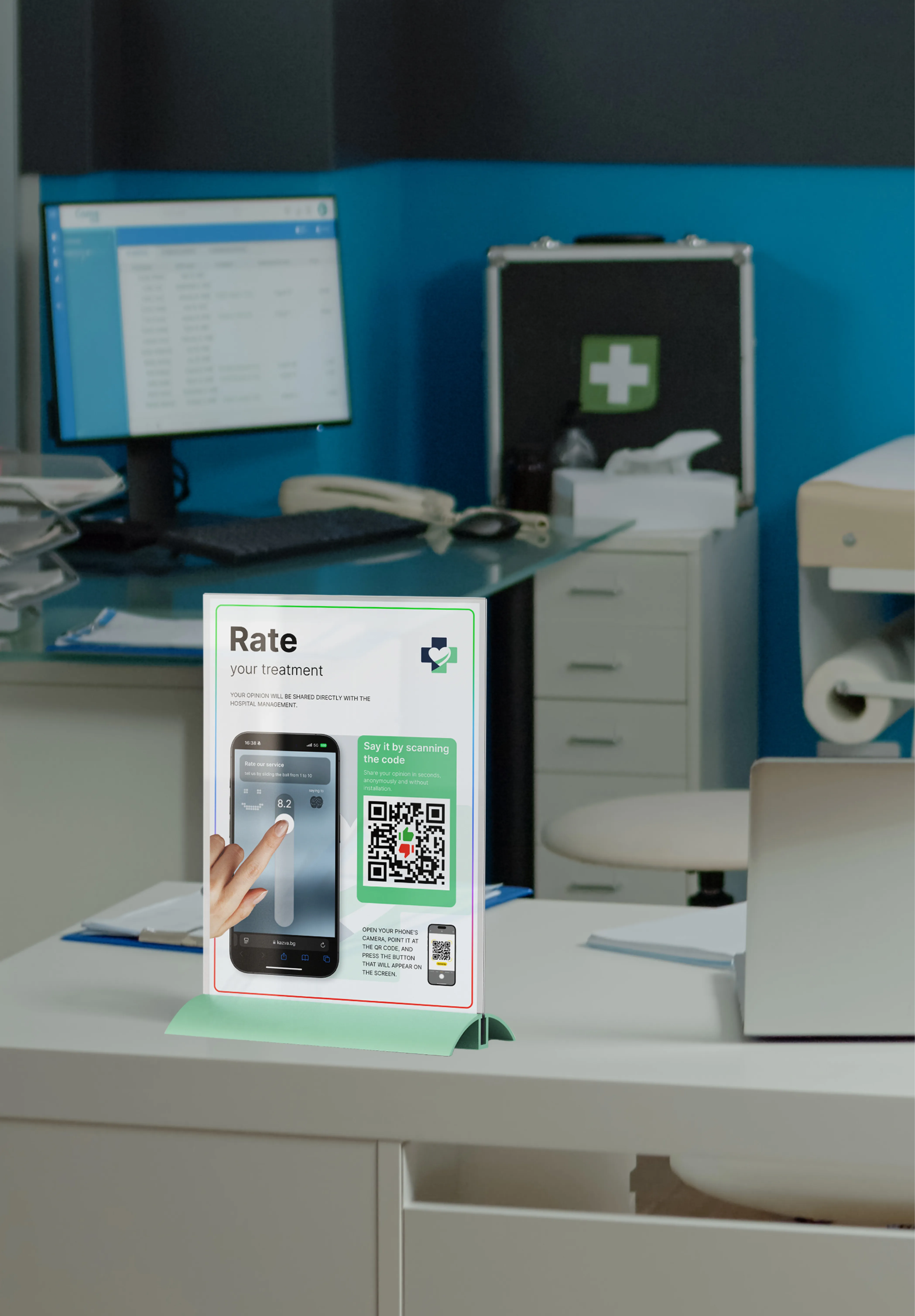 QR code stand in a doctor's office