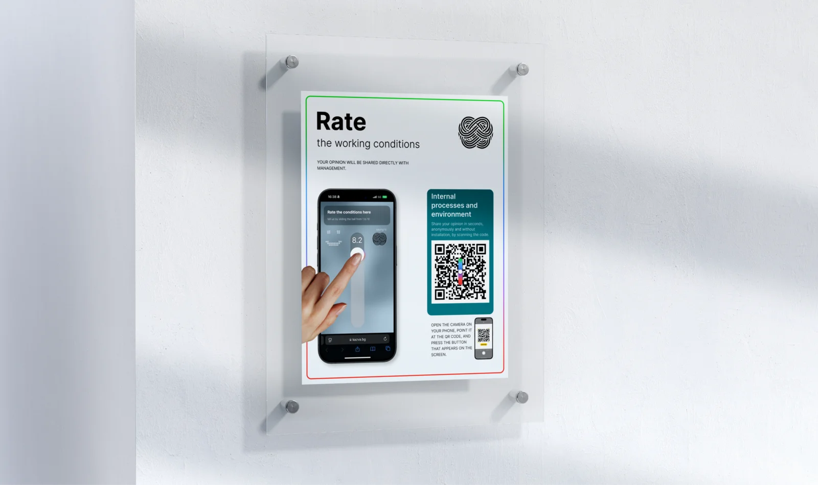 Workplace satisfaction dashboard with QR code and mobile phone